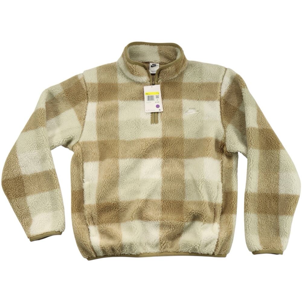 NWT Nike Mens Sherpa Fleece Plaid Half Zip Pullover Jacket Tan Beige Small
